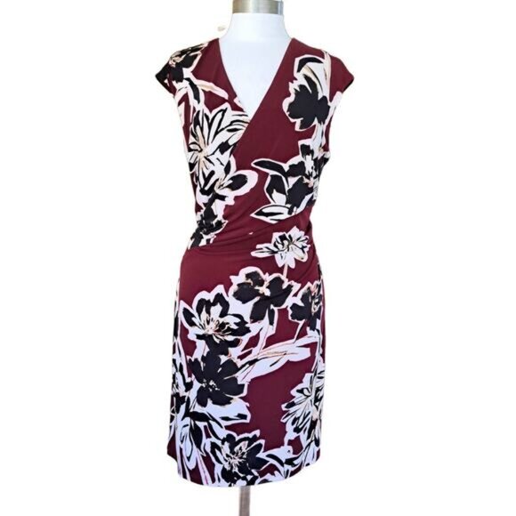 LAUREN Ralph Lauren Burgundy Floral Jersey Draped Sheath Dress Size 16 - Picture 1 of 7